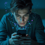 young man looking at his mobile phone, anxious face
