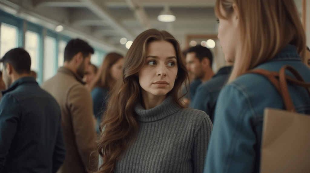 woman anxious, looking scared while standing inline at the shop