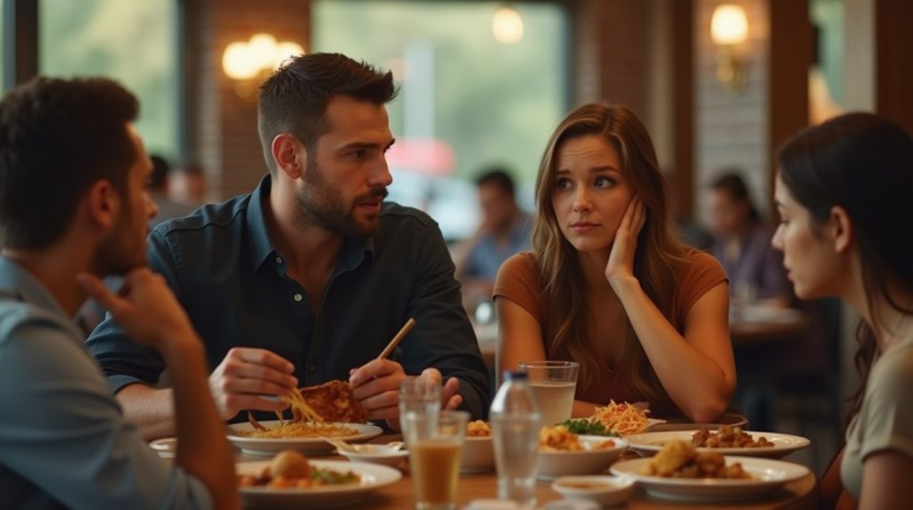 narcissist man sitting next to a scared woman in a restaurant