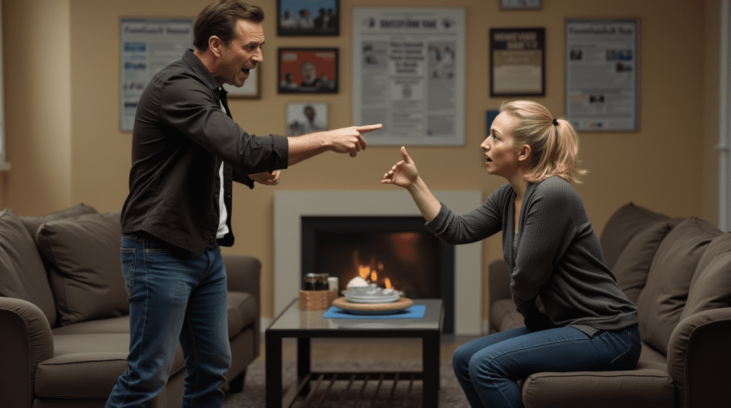 two people arguing in their home about political beliefs