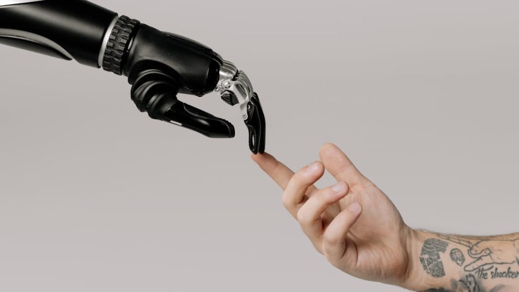 Artificial hand touching fingers with a real human hand, AI