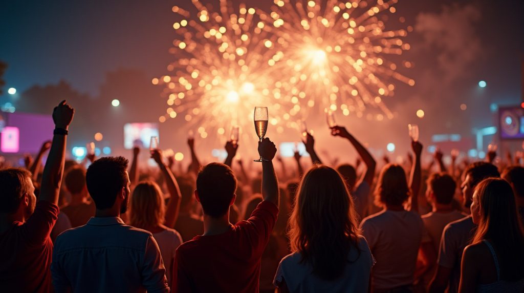 New Year's Eve, celebration, fireworks, diverse group, festive